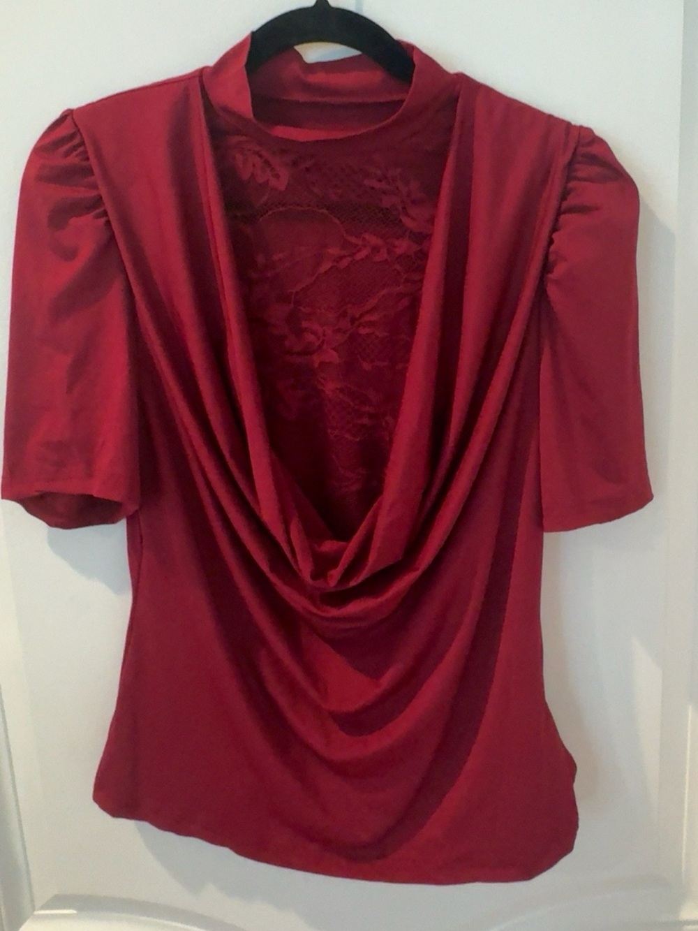SHEIN 0XL Burgundy Lace Cowl Neck Draped Top Puff Sleeve Plus Size Dressy